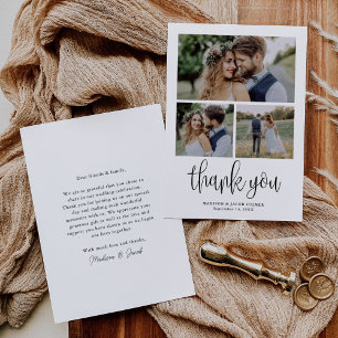 Modern Calligraphy Script Wedding Three Photo Thank You Card