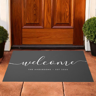 Modern Calligraphy Script Welcome Family Name Doormat
