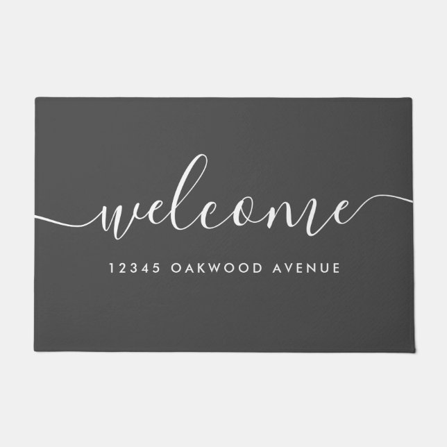 Modern Calligraphy Script Welcome Street Address Doormat (Front)