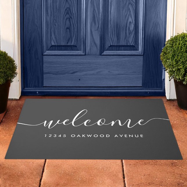 Modern Calligraphy Script Welcome Street Address Doormat (Creator Uploaded)