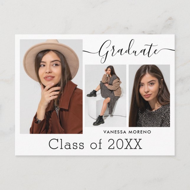 Modern Calligraphy Script White 3 Photo Graduation Postcard (Front)