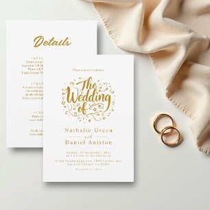 Modern Calligraphy Script White And Gold Wedding Invitation