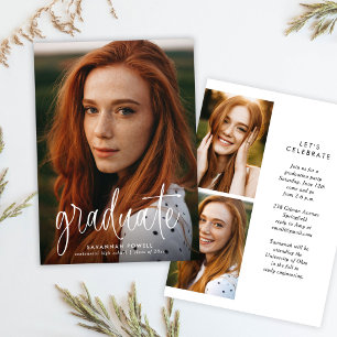 Modern Calligraphy Simple 3 Photo Graduation Party Invitation