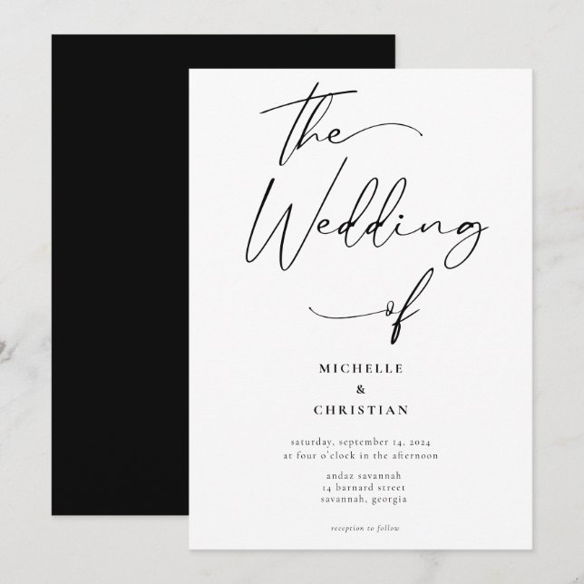 Modern Calligraphy Solid Black Wedding Invitation (Front/Back)