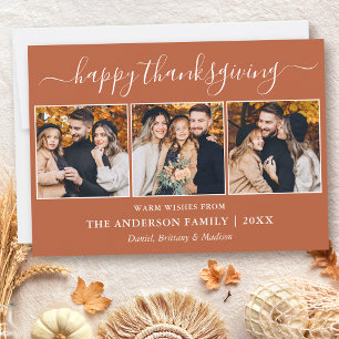 Modern Calligraphy Terracotta 3 Photo Thanksgiving Holiday Card