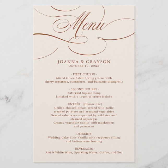 Modern Calligraphy Terracotta boho wedding Menu (Front)