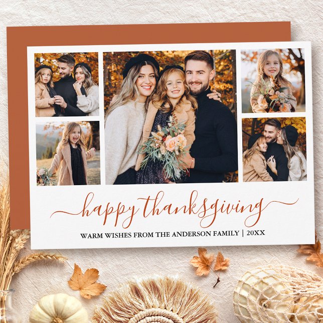 Modern Calligraphy Thanksgiving 5 Photo Terracotta Holiday Card (Customize to add text to back of card or to change color of text or color of back of card.)