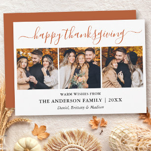 Modern Calligraphy Thanksgiving Terracotta 3 Photo Holiday Card