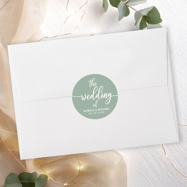 Modern Calligraphy The Wedding Of Sage Green Classic Round Sticker (Creator Uploaded)