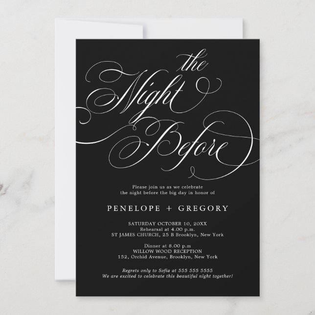 Modern calligraphy timeless black the night before invitation (Front)