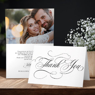 Modern calligraphy timeless black wedding photo thank you card