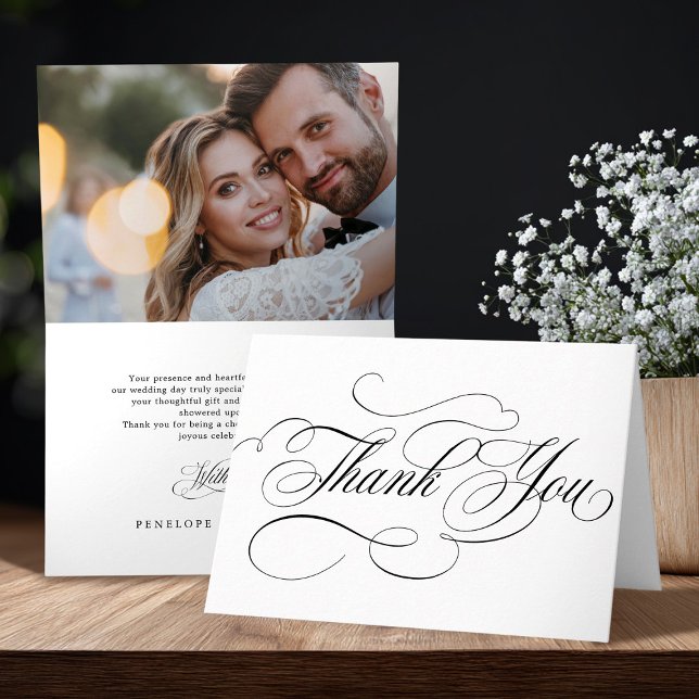 Modern calligraphy timeless black wedding photo thank you card (Modern calligraphy timeless black wedding photo thank you card)