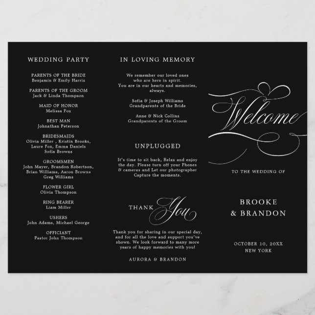 Modern calligraphy timeless black  wedding Program (Front)