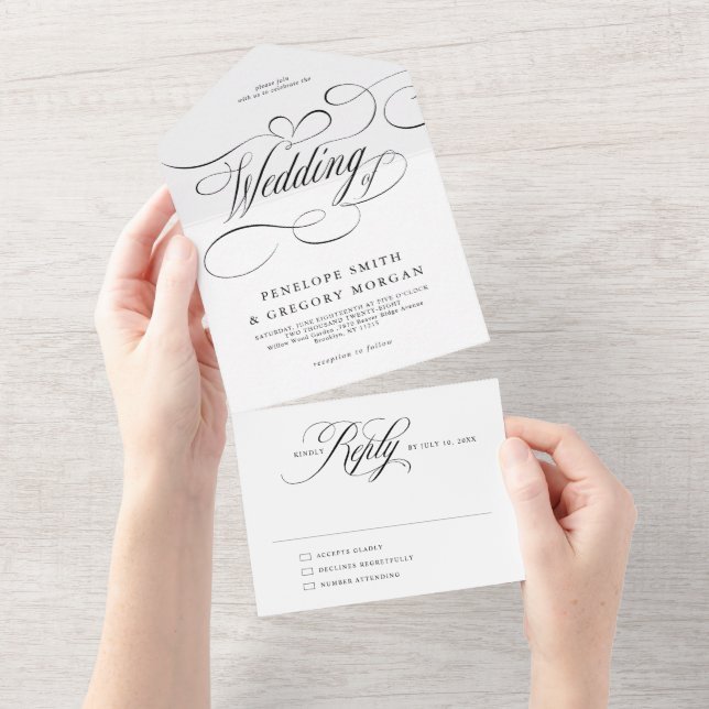 Modern calligraphy timeless Black white wedding All In One Invitation (Tearaway)