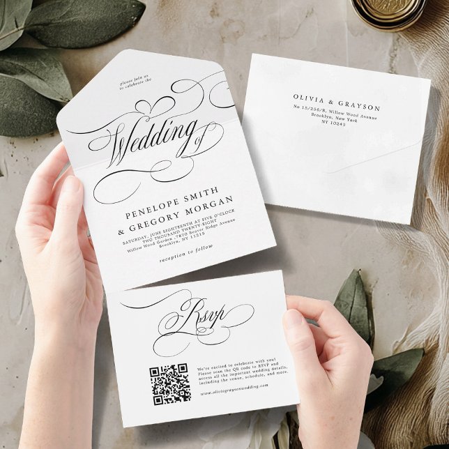 Modern calligraphy timeless black white wedding all in one invitation (Modern calligraphy timeless black white wedding all in one invitation)