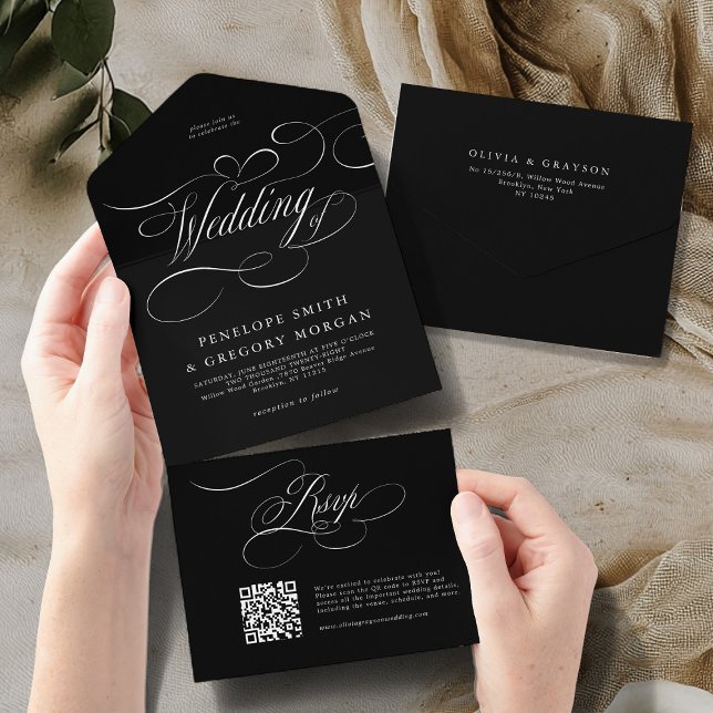 Modern calligraphy timeless black white wedding all in one invitation (Modern calligraphy timeless black white wedding all in one invitation)