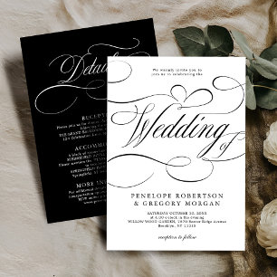 Modern calligraphy timeless Black white wedding Invitation