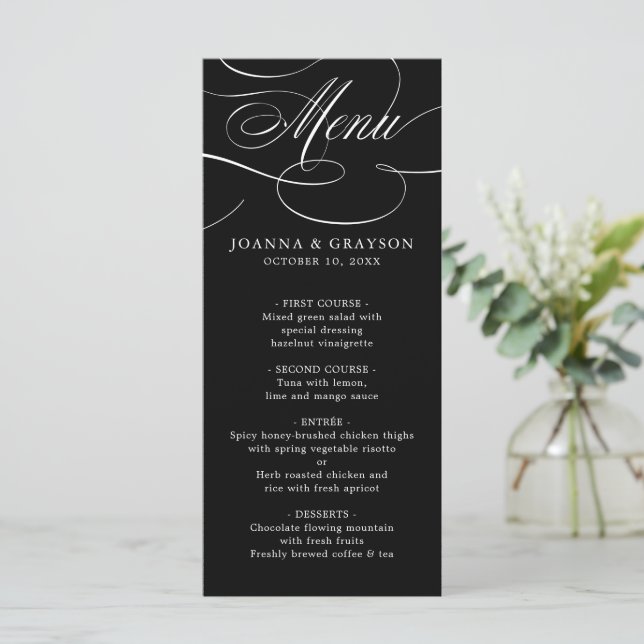 Modern calligraphy timeless black white wedding menu (Standing Front)