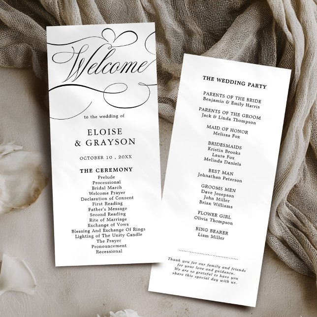 Modern calligraphy timeless black white wedding programme (Modern calligraphy timeless black white wedding program)