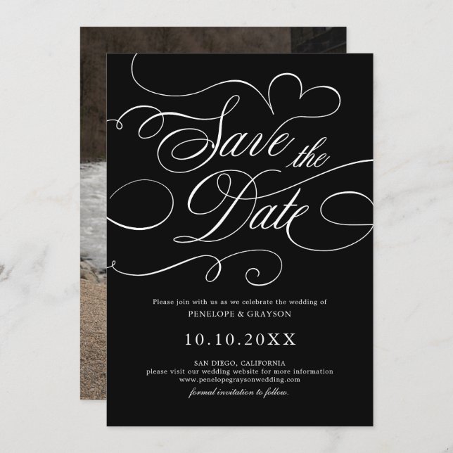 Modern calligraphy timeless Black white wedding Save The Date (Front/Back)