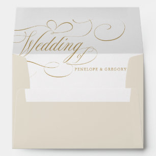 Modern calligraphy timeless gold and white wedding envelope