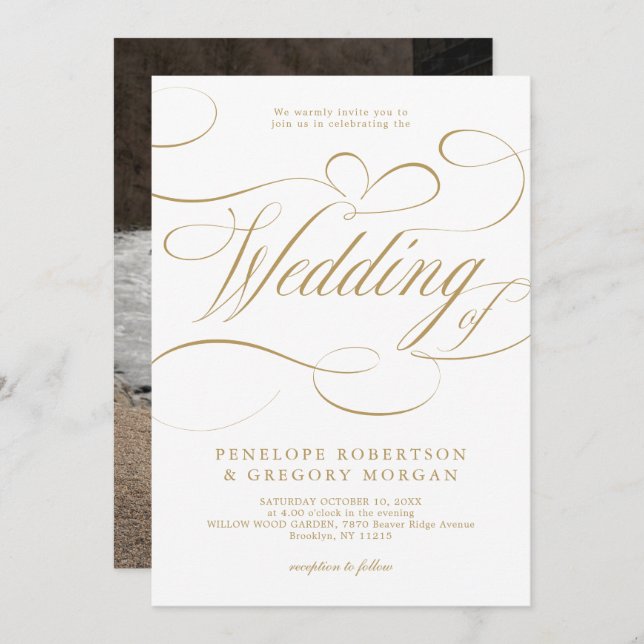 Modern calligraphy timeless gold and white wedding invitation (Front/Back)
