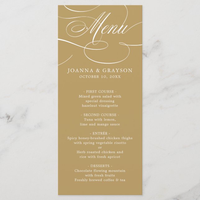 Modern calligraphy timeless gold and white wedding menu (Front)