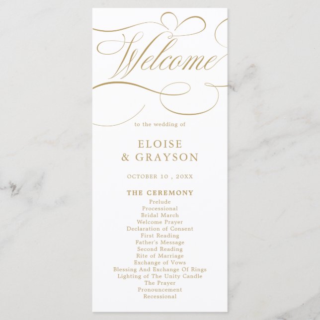 Modern calligraphy timeless gold and white wedding programme (Front)
