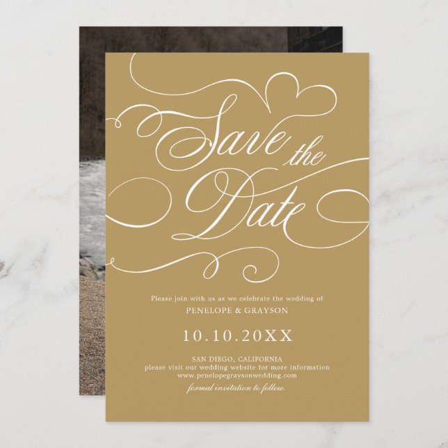 Modern calligraphy timeless gold and white wedding save the date (Front/Back)