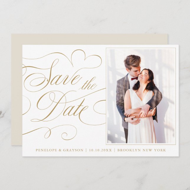 Modern calligraphy timeless gold Photo wedding Save The Date (Front/Back)