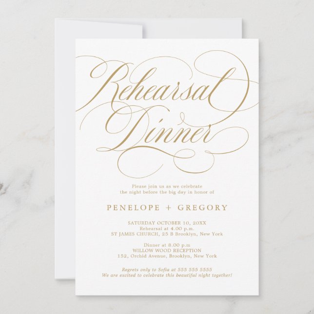 Modern calligraphy timeless gold Rehearsal Dinner Invitation (Front)