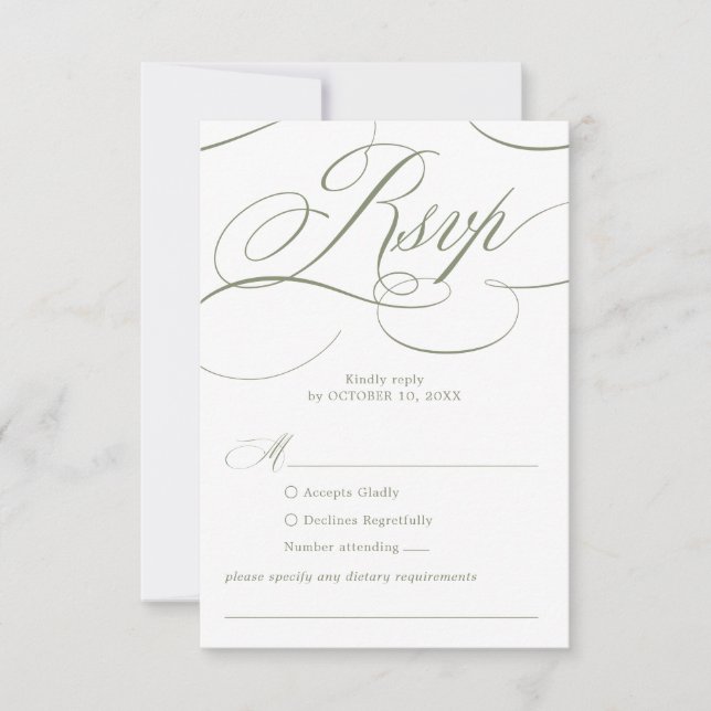 Modern calligraphy timeless Sage Green wedding RSVP Card (Front)
