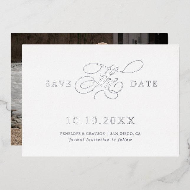 Modern calligraphy timeless Silver Save the Date (Front/Back)