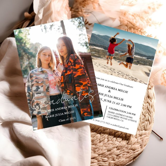 Modern Calligraphy Twin Graduate Photo Graduation Invitation (Creator Uploaded)