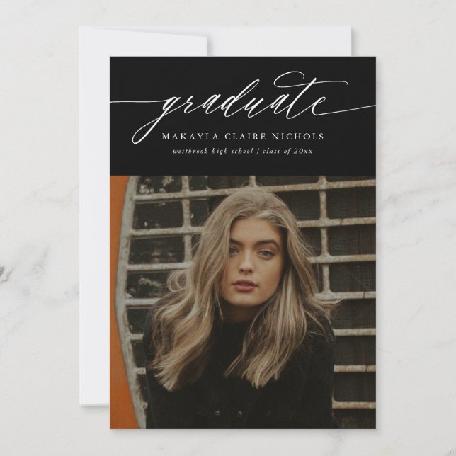 Modern Calligraphy Two Photo Black Graduation Announcement (Front)