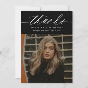 Modern Calligraphy Two Photo Black Graduation Thank You Card