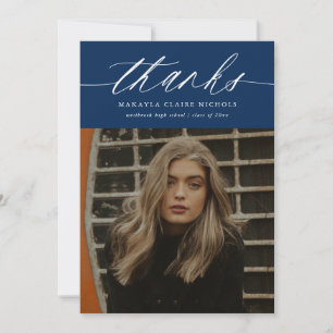 Modern Calligraphy Two Photo Blue Graduation Thank You Card