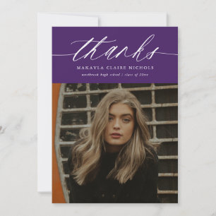 Modern Calligraphy Two Photo Purple Graduation Thank You Card