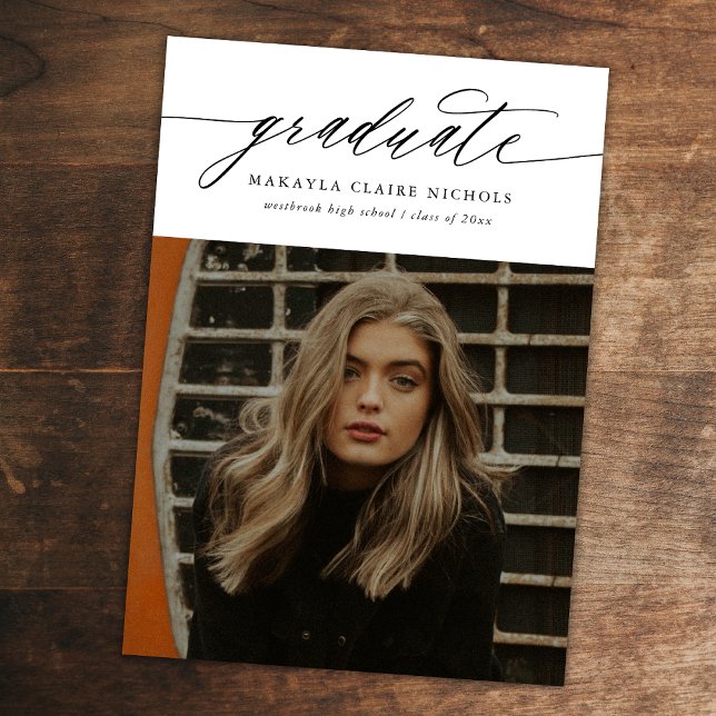 Modern Calligraphy Two Photo White Graduation Announcement (Creator Uploaded)