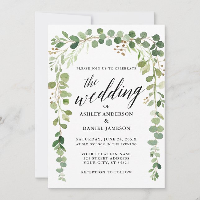Modern Calligraphy Watercolor Botanical Wedding Invitation (Front)