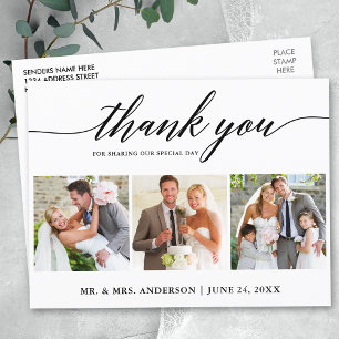 Modern Calligraphy Wedding 3 Photo Thank You Postcard