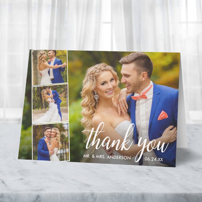Modern Calligraphy Wedding 4 Photo Collage Note Thank You Card (Customize to add text or more photos inside of card.)