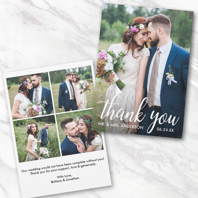 Modern Calligraphy Wedding Bride and Groom 5 Photo Thank You Card (Customize to change your personalized text size or text style.)