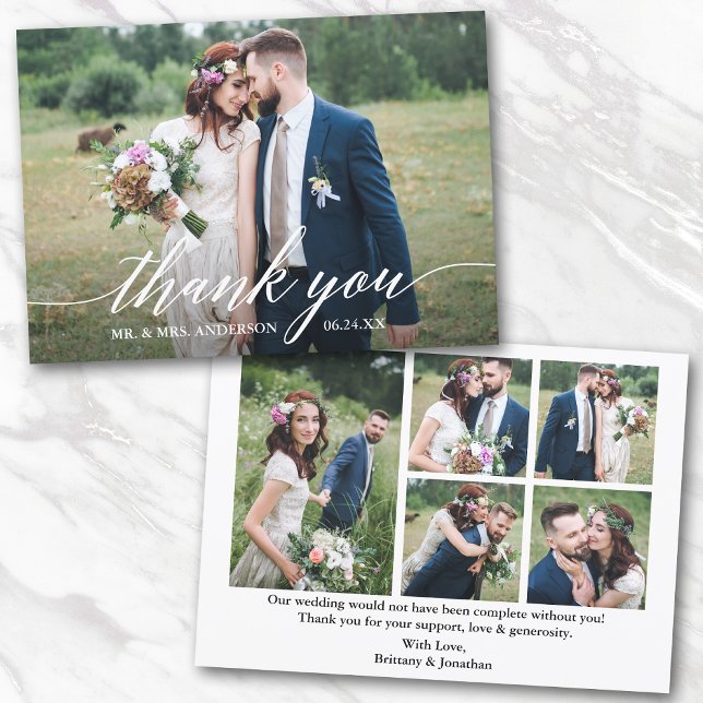 Modern Calligraphy Wedding Bride Groom 6 Photo Thank You Card (Customize to change your personalized text size or text style.)