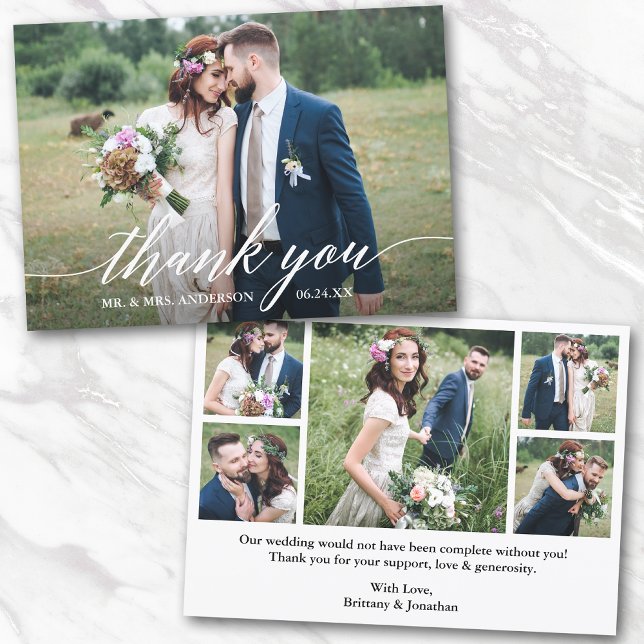 Modern Calligraphy Wedding Bride Groom 6 Photos Thank You Card (Customize to change your personalized text size or text style.)