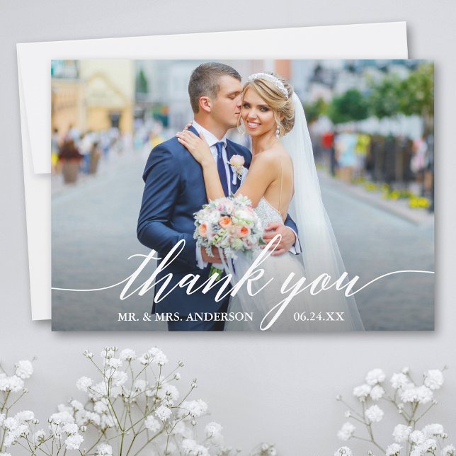 Modern Calligraphy Wedding Bride Groom Photo W Thank You Card (Customize to add text or more photos to back of card.)
