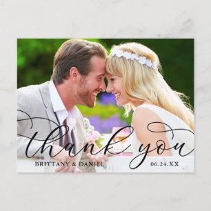 Modern Calligraphy Wedding Couple Photo Thank You Postcard