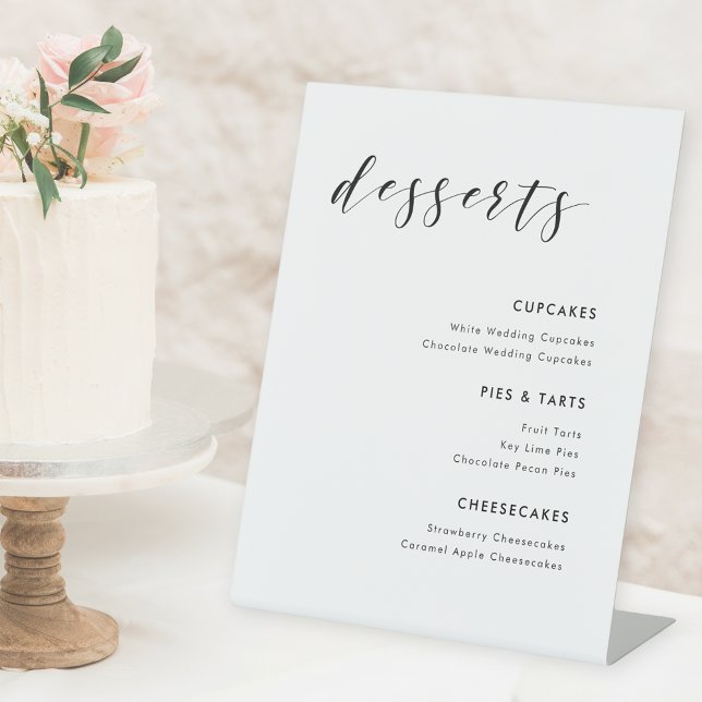 Modern Calligraphy Wedding Desserts Menu Pedestal Sign (Creator Uploaded)