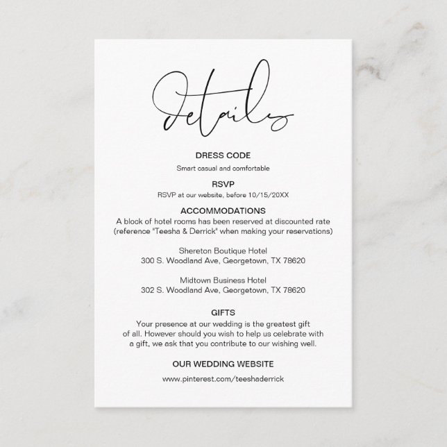Modern Calligraphy, Wedding Details, Information Enclosure Card (Front)