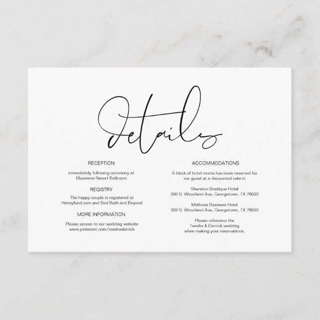 Modern Calligraphy, Wedding Details, Information Enclosure Card (Front)